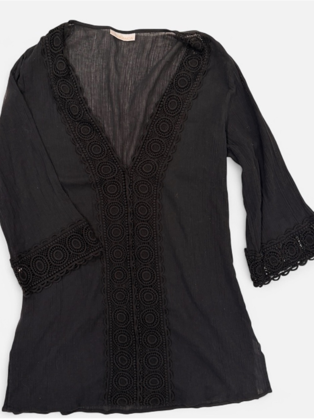 La Blanca Black Crochet V-Neck Swim Cover Up Tunic | Medium